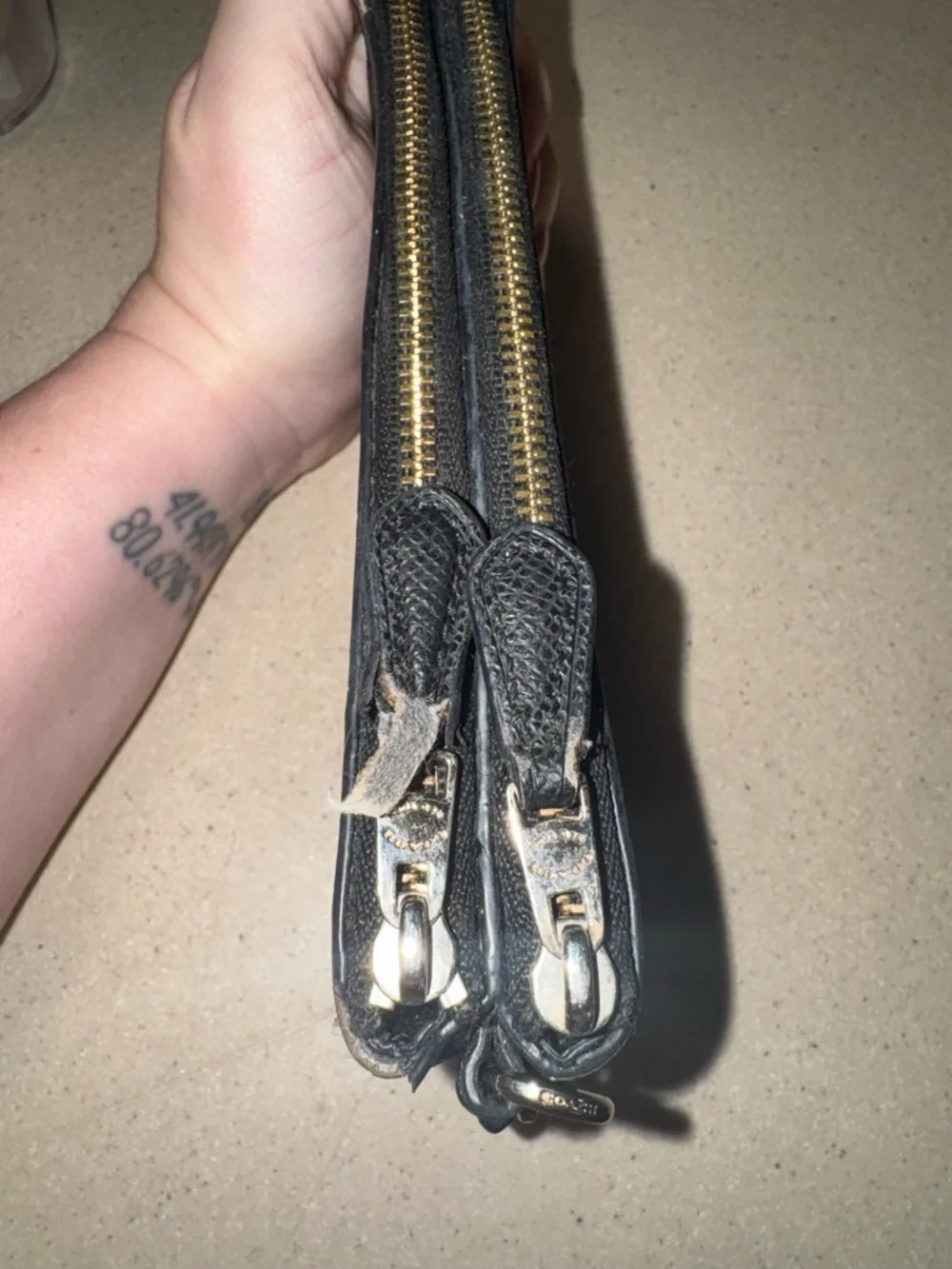 Coach Dark Brown Double Zip Pouch Wallet with Gold Logo